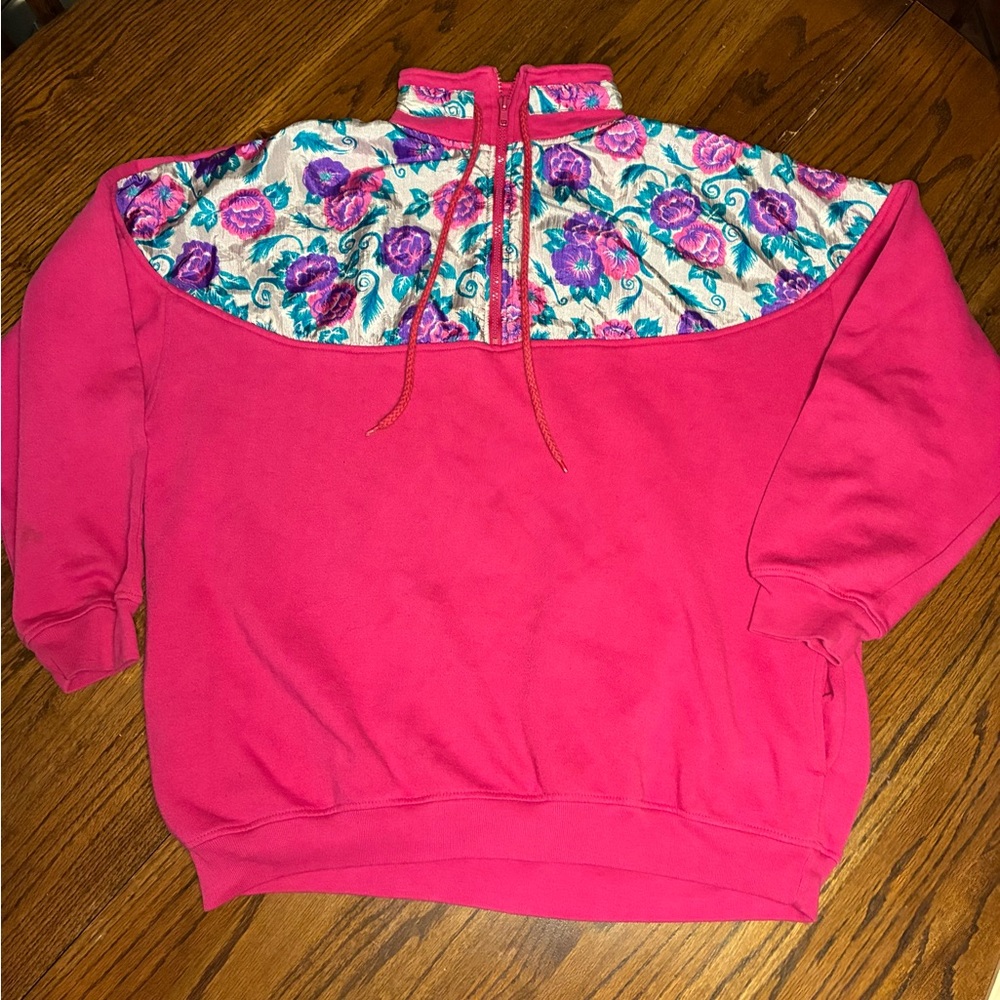 Vintage Pro Spirit Hot Pink Floral Yoke Quarter Zip Sweatshirt XL Retro 90s